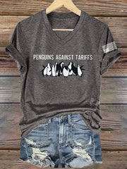 V-Neck Retro Penguins Against Tariffs Print T-Shirt
