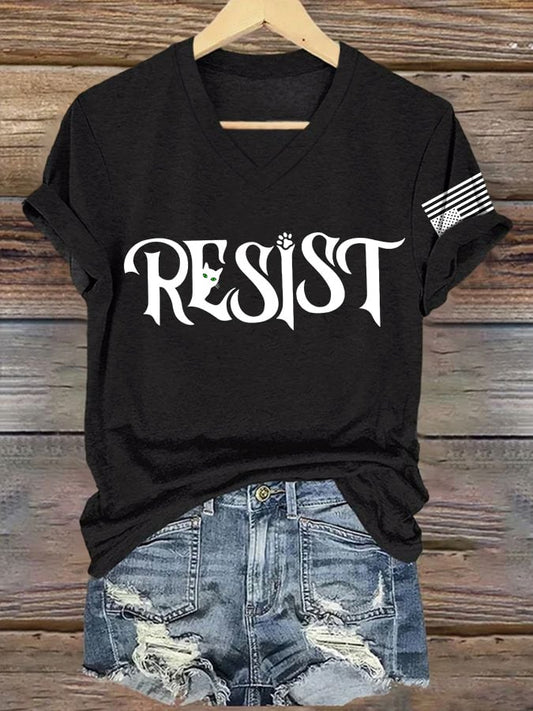 V-Neck Retro Resist Cat Paw Print T-Shirt