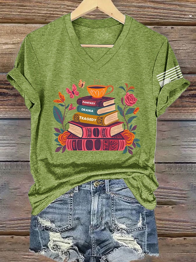 V-Neck Retro Fantasy Drama Tragedy Print T-Shirt