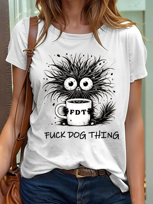 Women's Retro Fuck Dog Thing Printed Short-Sleeved T-Shirt
