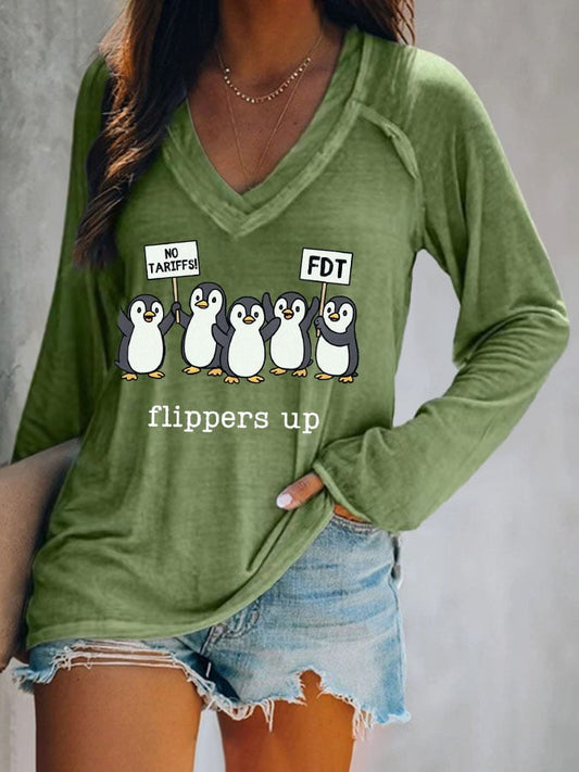 Women's Penguins Flippers Up Print V Neck T-Shirt