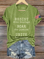 V-Neck Retro Resist With Courage Roar For Justice Unite For Change Print T-Shirt