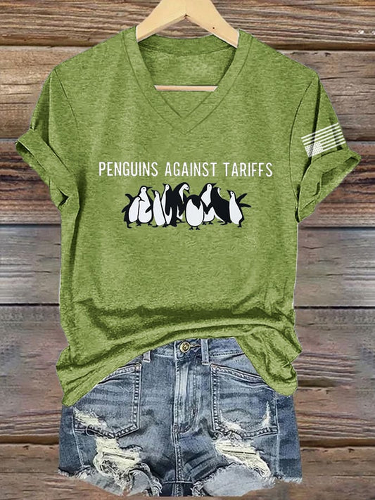 V-Neck Retro Penguins Against Tariffs Print T-Shirt