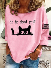Women's Casual Long-Sleeved Round-Neck Cat Print Loose T-Shirt