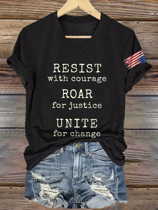 V-Neck Retro Resist With Courage Roar For Justice Unite For Change Print T-Shirt