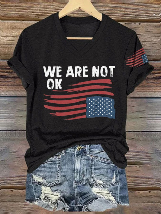 V-neck Retro We Are Not Ok Print T-Shirt