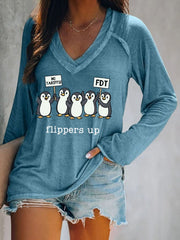 Women's Penguins Flippers Up Print V Neck T-Shirt