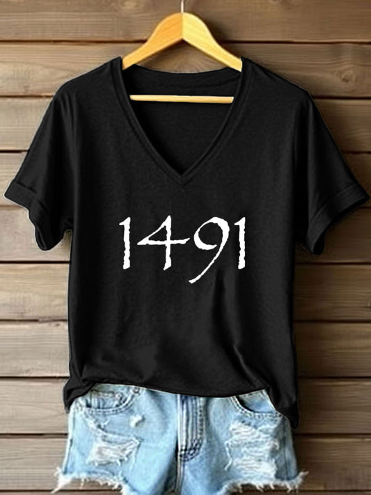 Women's Native American 1491 Print V-Neck T-Shirt