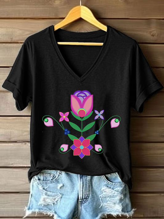 Women's Indigenous Inspired Floral Print V-Neck T-Shirt