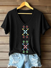 Women's Indigenous Inspired Floral Print V-Neck T-Shirt