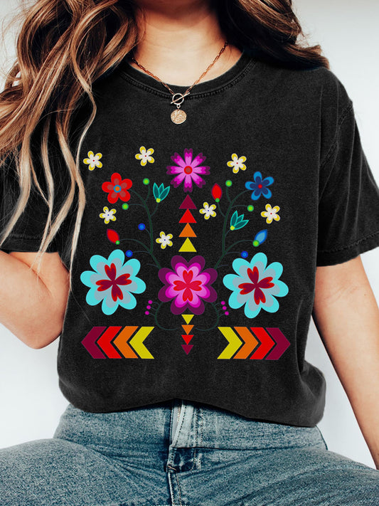 Women's Indigenous Inspired Floral Print Washed T-Shirt