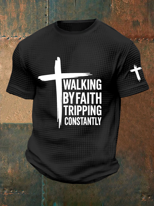 Men's Walking By Faith Tripping Constantly Waffle Print Casual T-Shirt