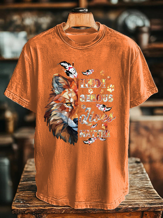 Men's Wolf Indigenous Lives Matter Printed Casual T-Shirt