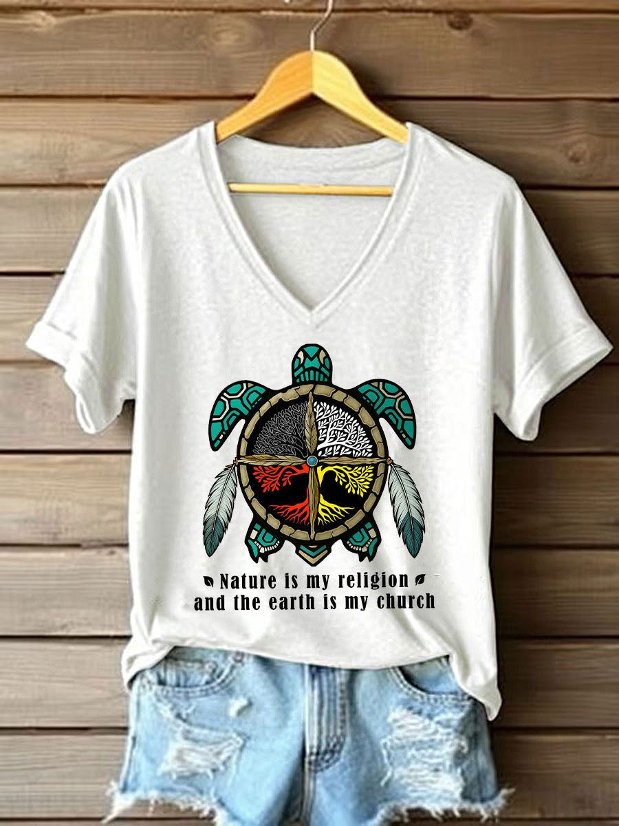 Women's Nature Is My Religion Earth Is My Church Printed Casual T-Shirt