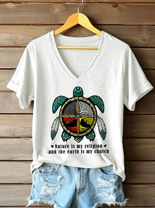 Women's Nature Is My Religion Earth Is My Church Printed Casual T-Shirt