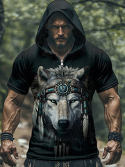 Men's Native American Wolf Hooded Short Sleeve T-Shirt