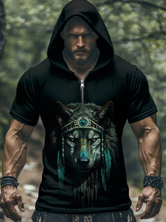 Men's Native American Wolf Hooded Short Sleeve T-Shirt