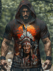 Men's Native American Wolf Hooded Short Sleeve T-Shirt