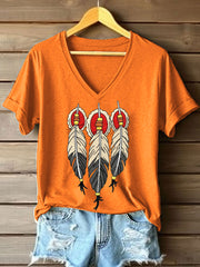 Women's Tribal Feather Embroidered V-Neck T-Shirt