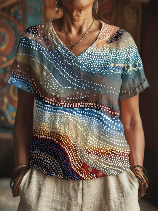 Women's Aboriginal River Art Print V-Neck Tops