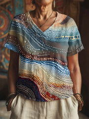 Women's Aboriginal River Art Print V-Neck Tops