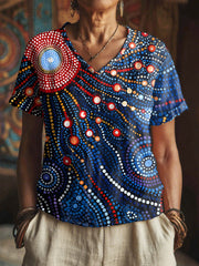 Women's Aboriginal sun art print V-neck tops