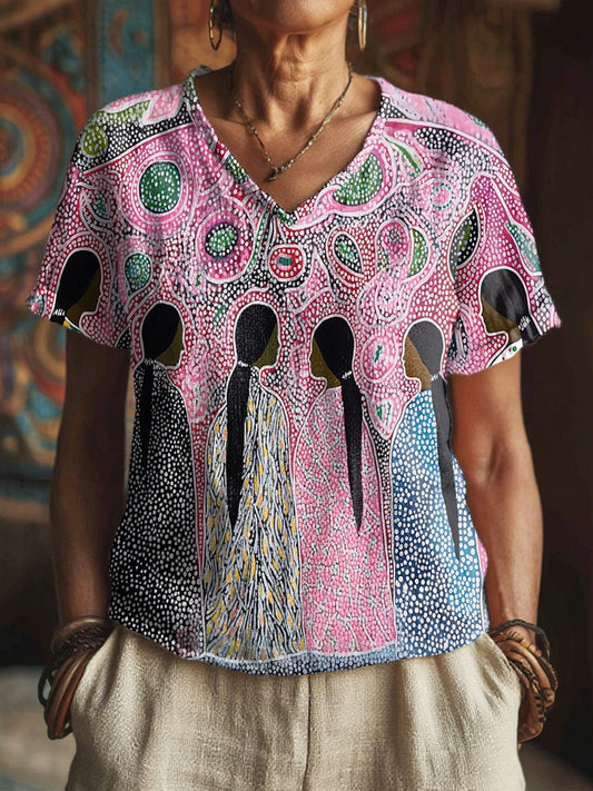 Women's Indigenous Girl Print V-Neck Tops