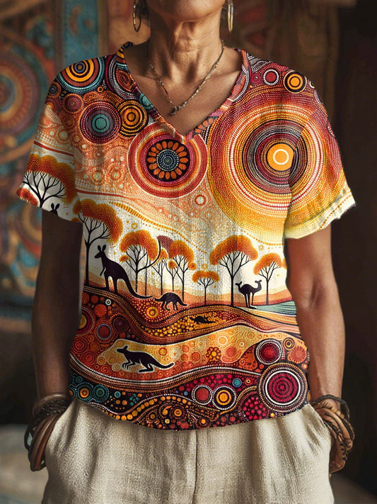 Women's Indigenous Kangaroo Art Print V-Neck Tops