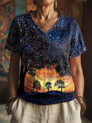 Women's Indigenous Starry Sky Art Print V-Neck Tops