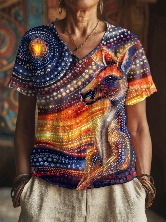 Women's Indigenous Kangaroo Art Print V-Neck Tops