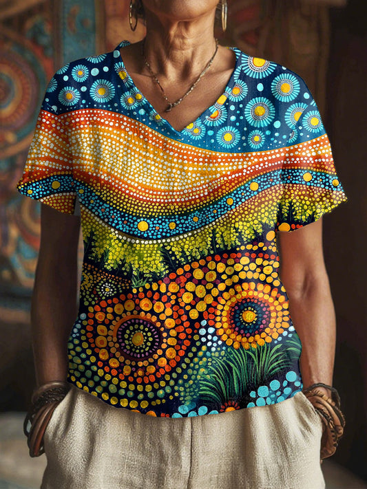 Women's Indigenous Botanical Art Print V-Neck Tops