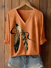 Women's Tribal Feather Print V-Neck T-Shirt