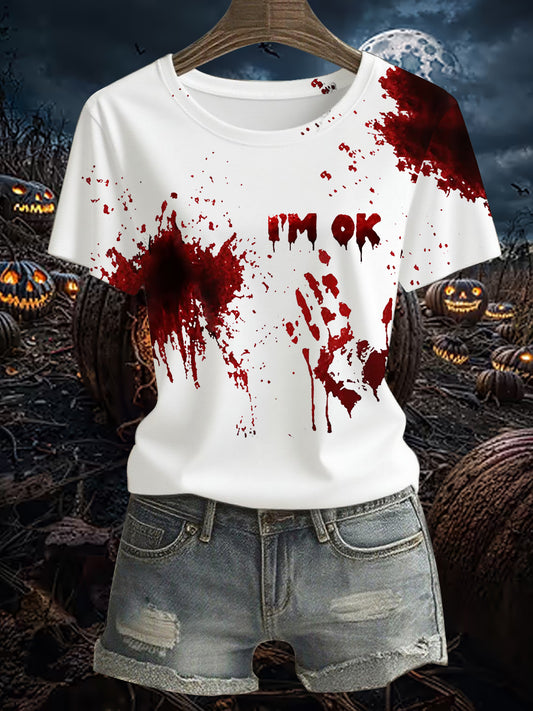 Women's Funny  I'M OK Bloodstained Print Casual Short Sleeve Tee