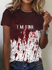 Women's Funny Halloween I'm Fine Bloodstained Print Casual V-Neck Tee