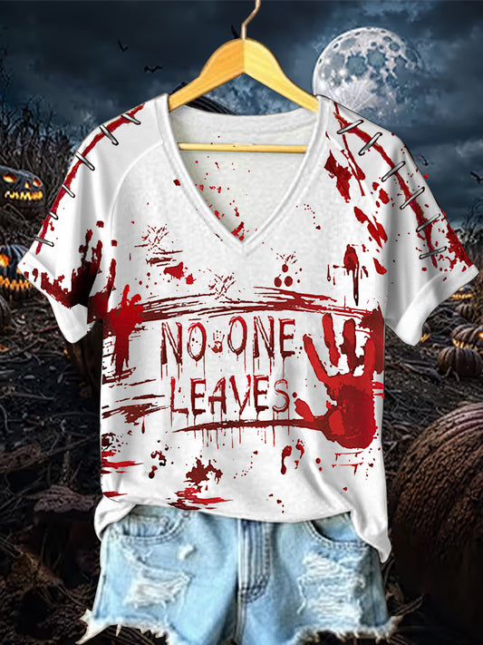 Women's Funny   Bloodstained Print V-neck off-shoulder short-sleeved T-shirt