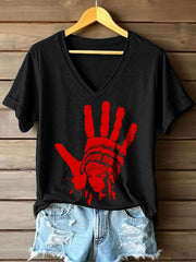 Women's Indigenous Red Hand Print V-Neck T-Shirt