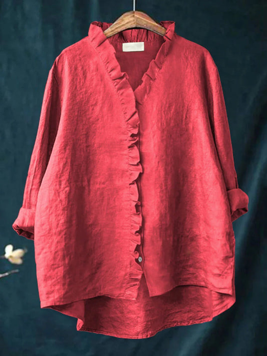 Women's Casual Cotton And Linen Ruffle Shirt