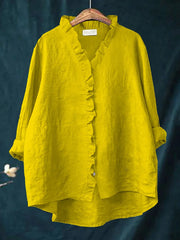 Women's Casual Cotton And Linen Ruffle Shirt