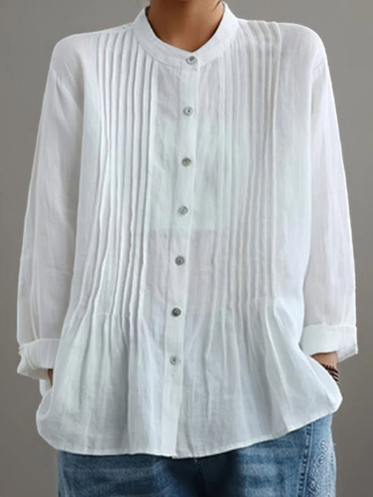 Women's Casual Cotton And Linen Pleated Shirt