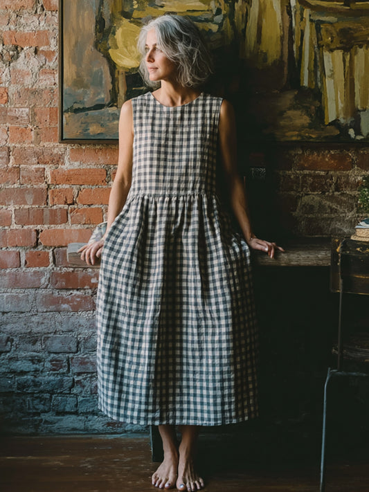 Women's Vintage Plaid Linen Elegant Dress