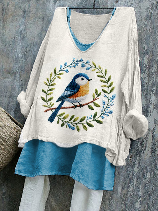 Women's Floral and Bird Embroidered Linen Shirt