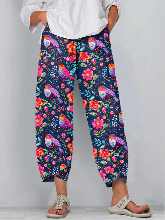 Women's Floral and Bird Embroidered Linen Pants