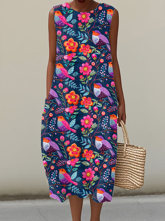 Women's Floral and Bird Embroidered Linen Dress