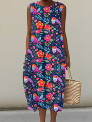 Women's Floral and Bird Embroidered Linen Dress