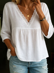 Women's Elegant Lace Patchwork Linen Shirt