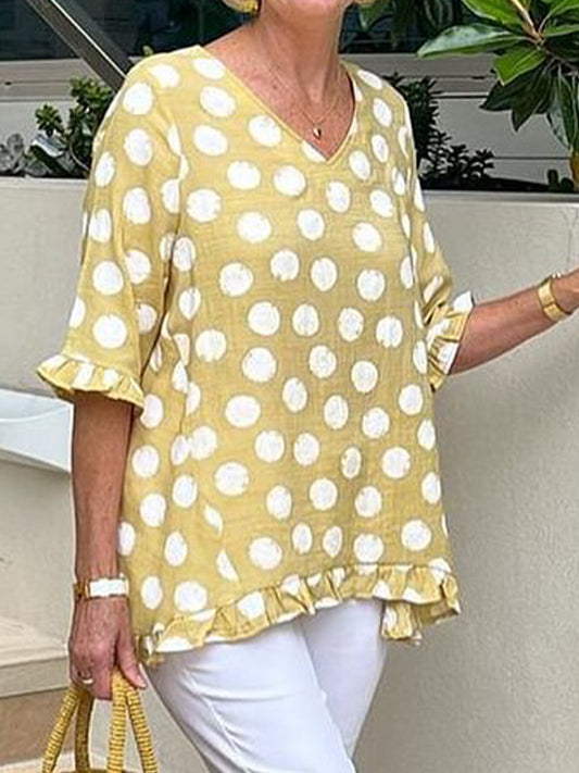 Women's Vintage Polka Dot Print Linen Shirt