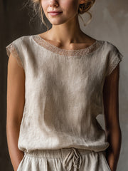 Women's Elegant Lace Patchwork Linen Shirt