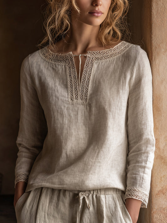 Women's Vintage Lace Patchwork Linen Shirt