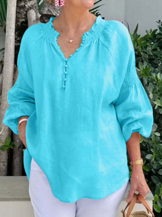 Printed V-Neck Lapel Button Vintage Casual Long Sleeve Shirt