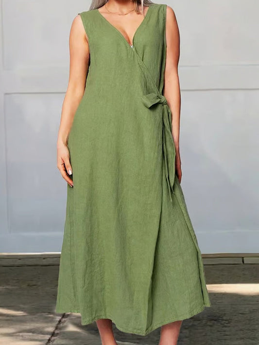 Women's Simple Solid Color Linen Lace-up Dress
